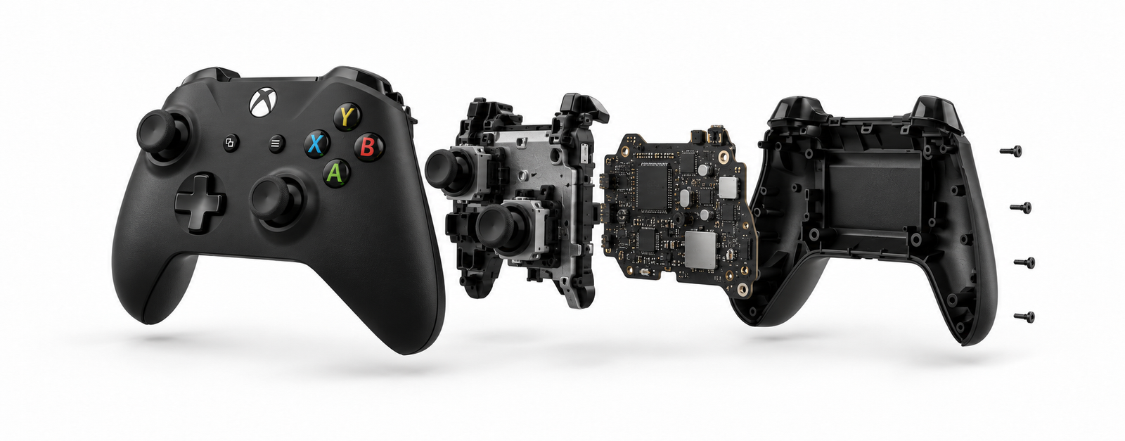 Exploded-view artwork of a black Xbox One controller and its internal components