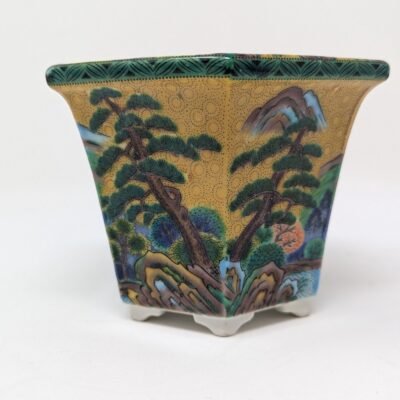 Antique Japanese Kutani Bonsai Planter Hand-Painted Hexagonal Jardiniere