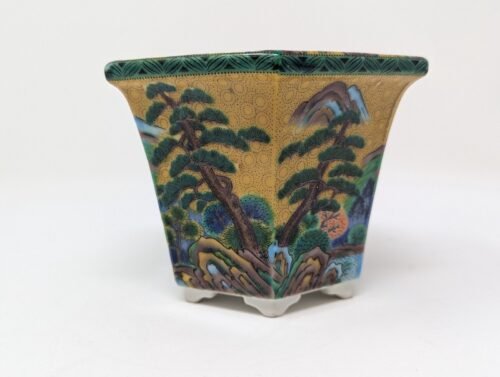 Antique Japanese Kutani Bonsai Planter Hand-Painted Hexagonal Jardiniere