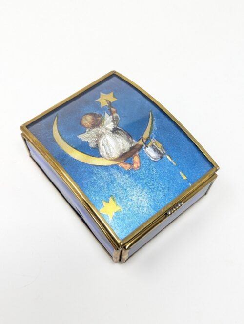 Vintage Stained Glass Jewelry Box with Angel on Crescent Moon Design